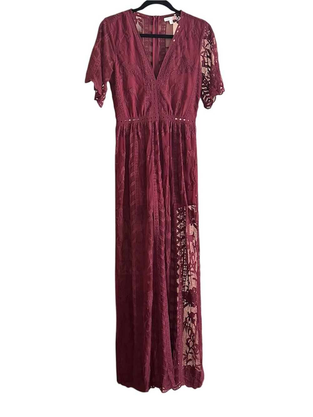 Gianni Bini Burgundy Lace V-Neck Maxi Dress